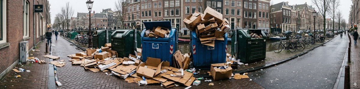 Overflowing cardboard recycling bins in Amsterdam